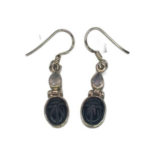 925 Sterling Silver Black Onyx Scarab Earrings Moonstone Pierced Hook Wires 3.7g